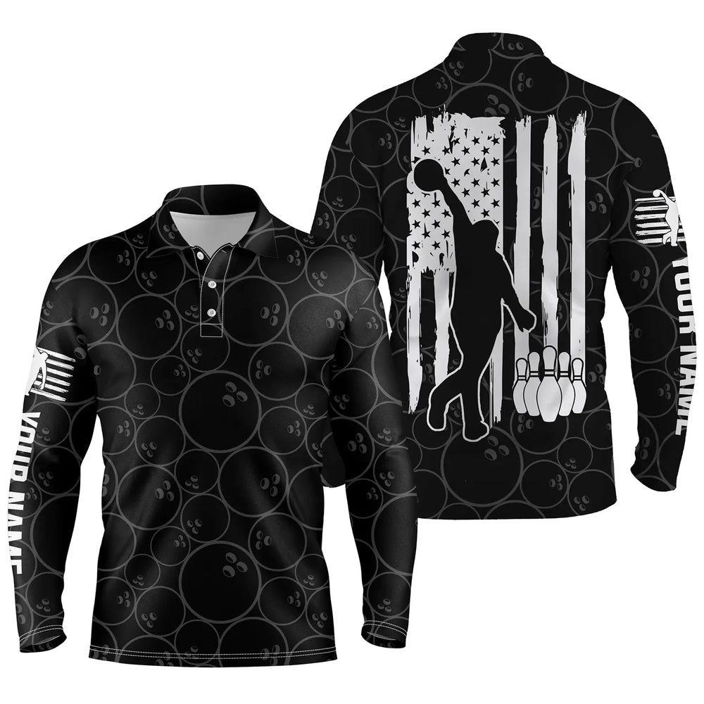 Custom Bowling Polo Shirts, American Flag Patriotic Black Bowling Pattern Custom Bowling Polo Shirts For Men, Team Bowling Jerseys