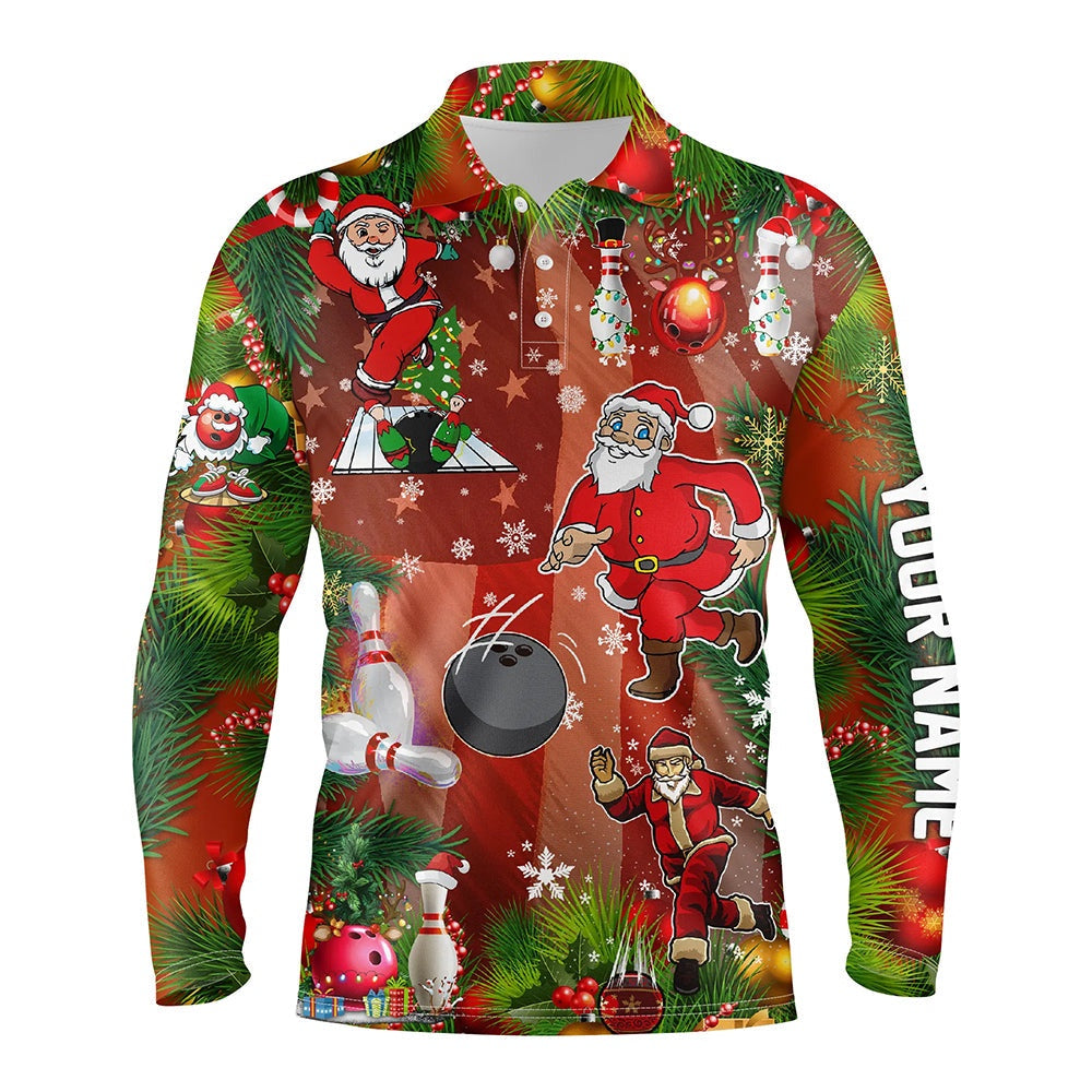 Custom Bowling Polo Shirts, American Flag Santa Christmas Bowling Shirts For Men Team League Jerseys Custom Bowling Polo Shirts