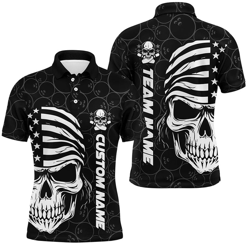 Custom Bowling Polo Shirts, American Flag Skull Custom Bowling Jerseys For Men, Patriotic Bowling Team Shirts