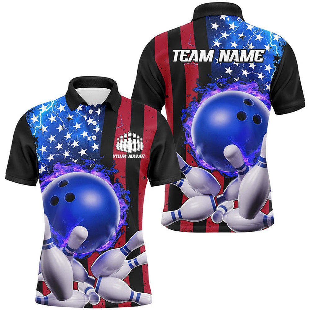 Custom Bowling Polo Shirts, American Flag Thunder Lightning Flame Bowling Ball Custom Men And Women Bowling Team Shirts