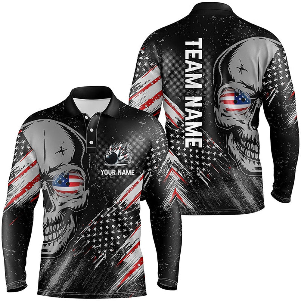 Custom Bowling Polo Shirts, Black American Flag Retro Bowling League Jerseys Custom Skull Men Bowling Polo Shirt, Gifts For Bowler