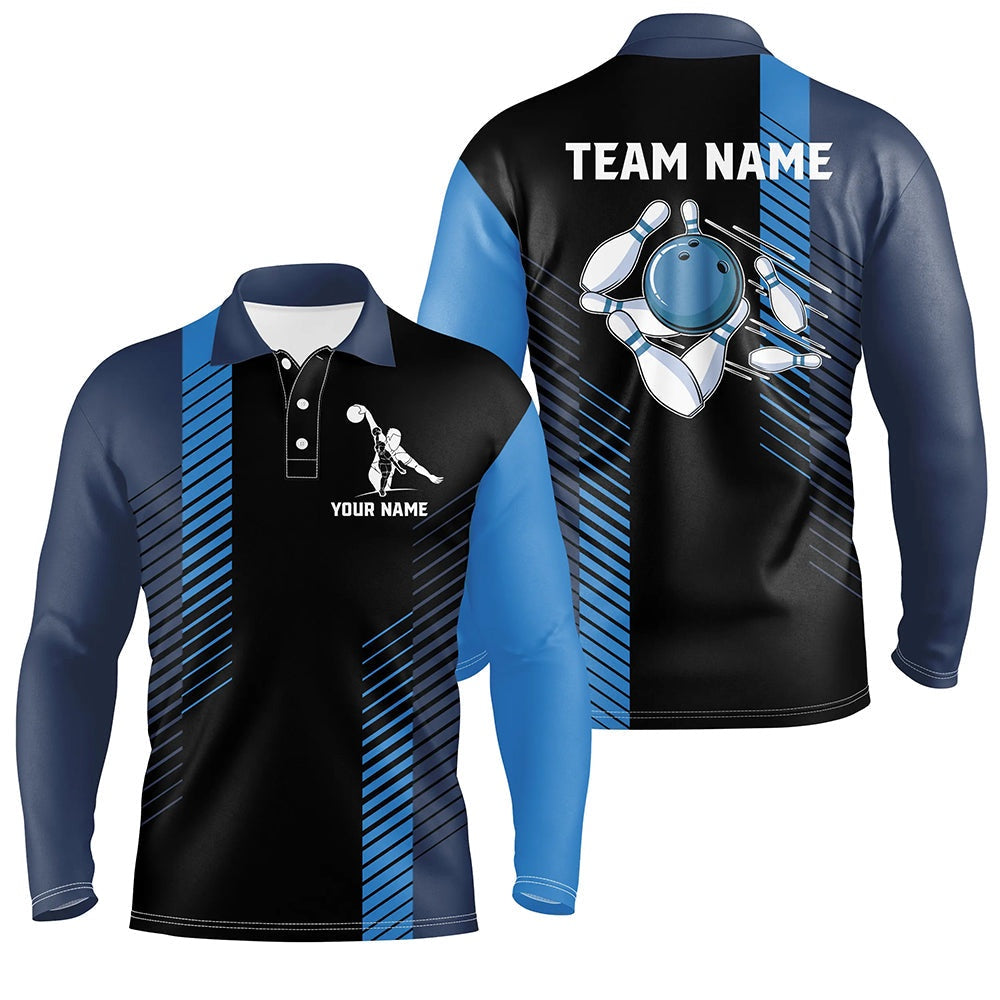 Custom Bowling Polo Shirts, Black And Blue Bowling Shirt For Men Custom Men Bowling Polo Shirts, Team Bowling Jerseys