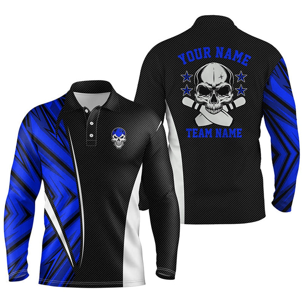 Custom Bowling Polo Shirts, Black And Blue Camo Custom Camo Bowling Polo Shirts For Men, Team Skull Bowling Jerseys