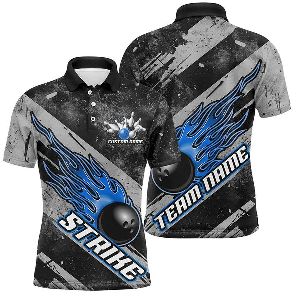 Custom Bowling Polo Shirts, Black And Blue Flame Bowling Ball Custom Team Shirts For Men And Women, Tournament Team Jerseys