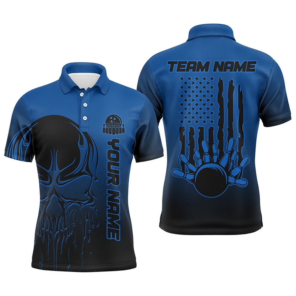 Custom Bowling Polo Shirts, Black And Blue Skull Custom Unisex Bowling Team Shirts, American Flag Patriotic Bowling Outfits