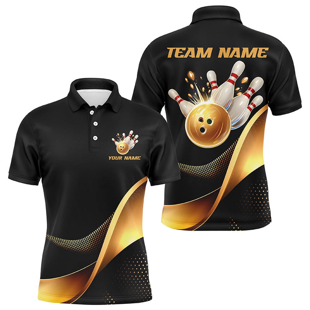 Custom Bowling Polo Shirts, Black And Gold Bowling Ball And Pins Custom Bowling Shirts Bowling Team Tournament Jerseys