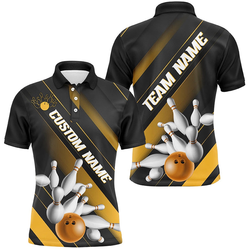Custom Bowling Polo Shirts, Black And Gold Custom Bowling Team Shirts For Men And Women, Bowling Ball And Pins Shirt