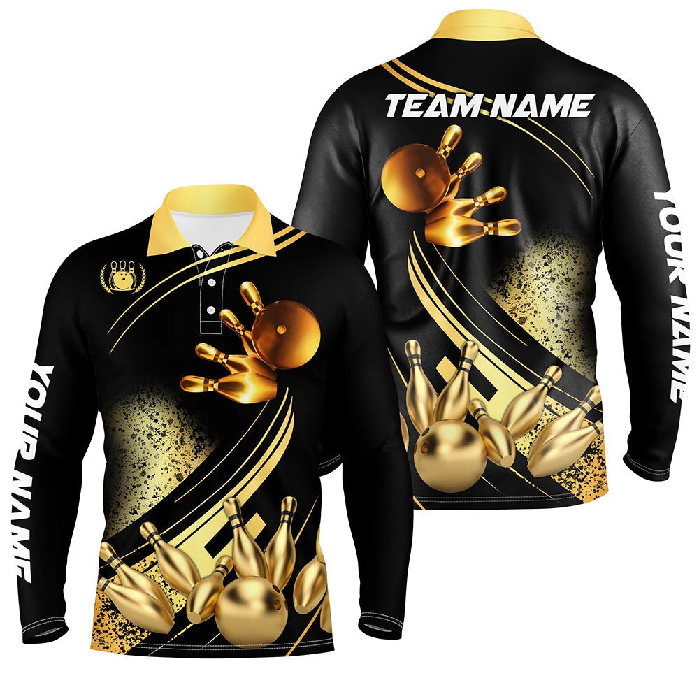 Custom Bowling Polo Shirts, Black And Gold Mens Bowling Polo Shirts Custom Bowling Apparel Team Bowling Jerseys