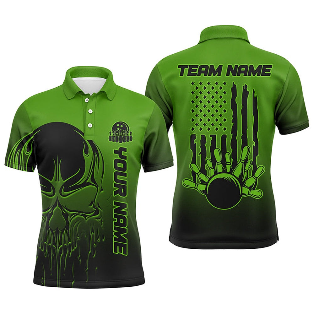 Custom Bowling Polo Shirts, Black And Green Skull Custom Unisex Bowling Team Shirts, American Flag Patriotic Bowling Outfits