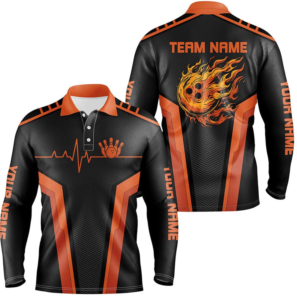 Custom Bowling Polo Shirts, Black And Orange Flame Bowling Shirts For Men Custom Bowling Ball Pins Heartbeat Team Bowling Shirts