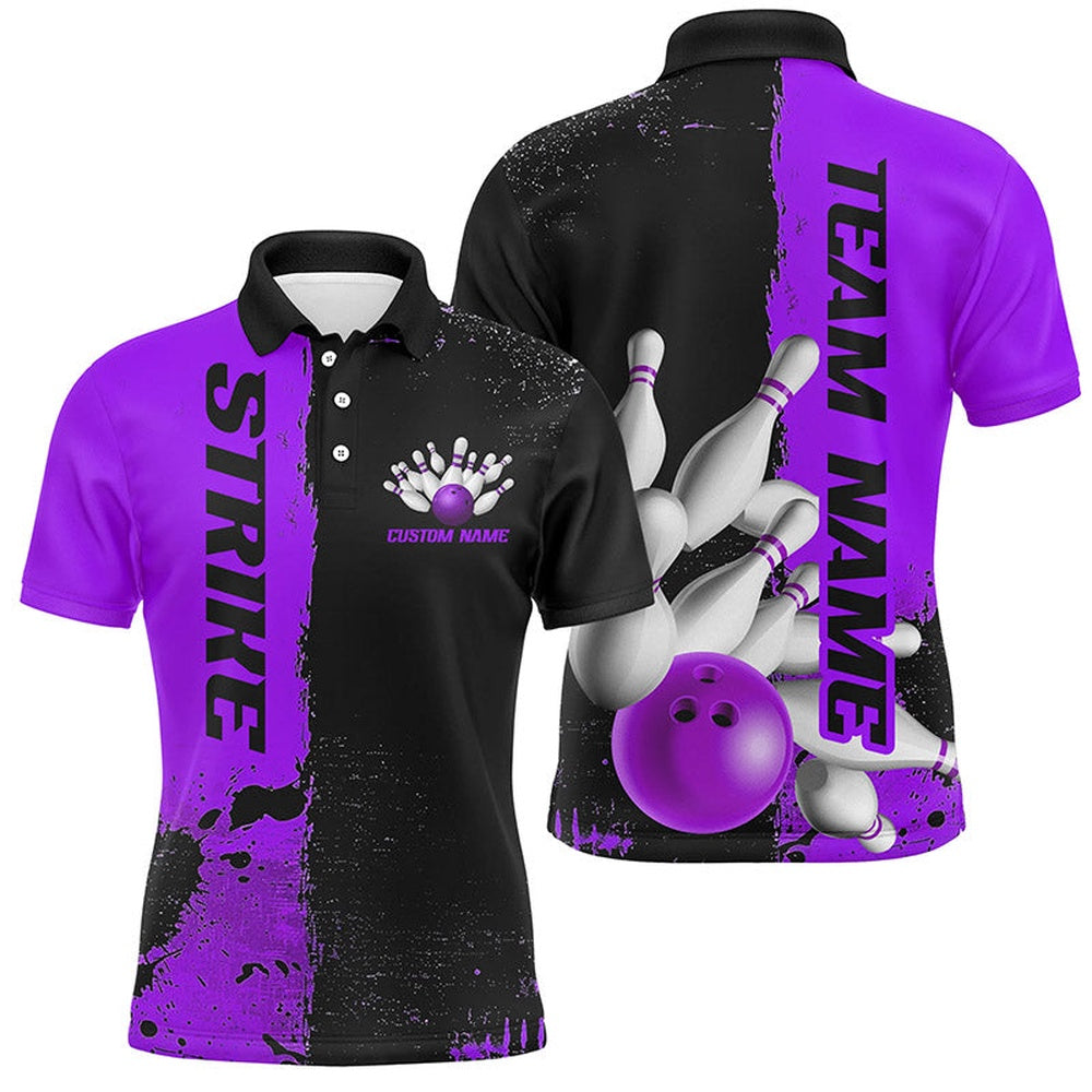 Custom Bowling Polo Shirts, Black And Purple Strike Bowling Team Shirts For Men And Women, Custom Bowling Jerseys For Bowlers