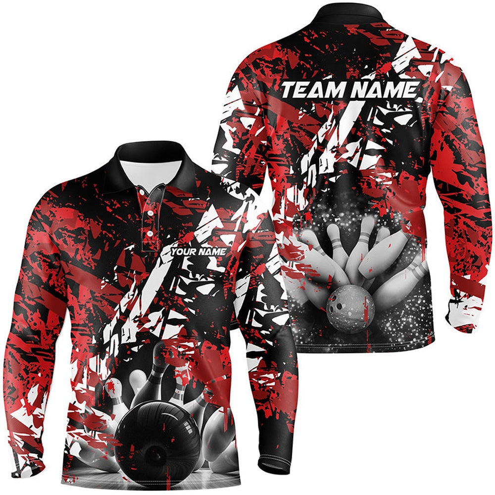 Custom Bowling Polo Shirts, Black And Red Camo Bowling Ball And Pins Custom Men Bowling Polo Shirts, Team Bowling Jerseys