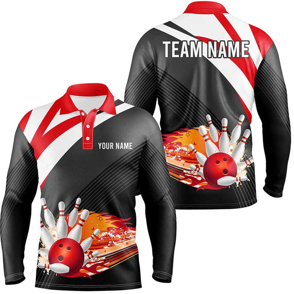 Custom Bowling Polo Shirts, Black And Red Men'S Bowling Polo Shirt Custom Flame Bowling Ball Fire Team Mens Bowlers Jerseys