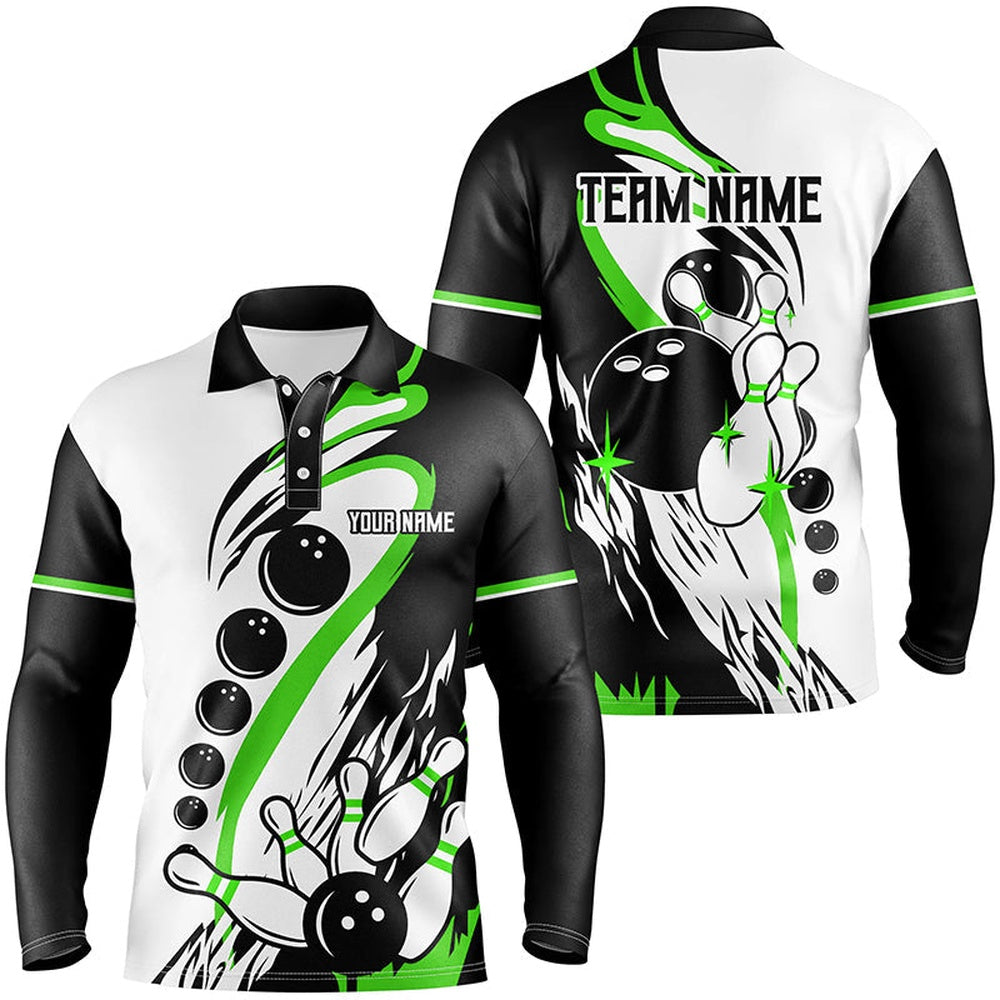 Custom Bowling Polo Shirts, Black And White Retro Bowling League Jerseys Custom Men Bowling Polo Shirt, Gifts For Bowlers Green