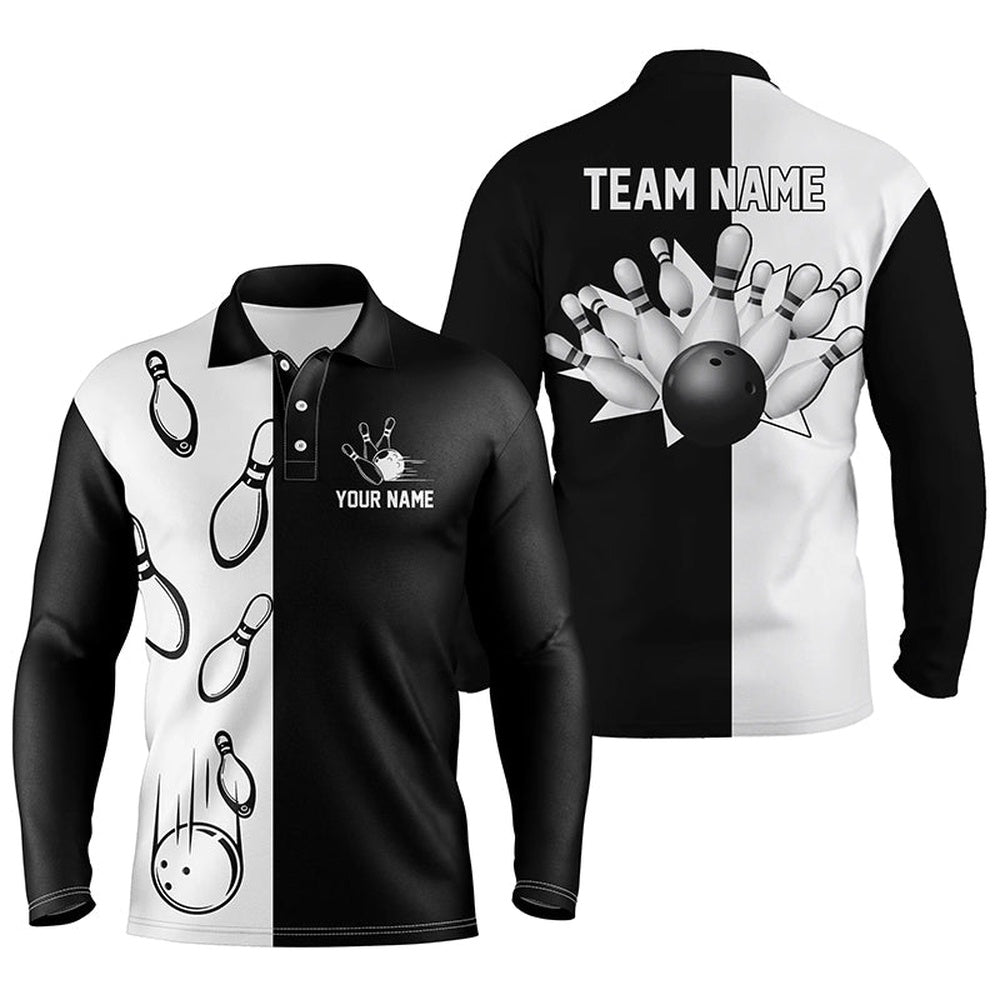 Custom Bowling Polo Shirts, Black And White Retro Vintage Bowling Polo Shirts For Men Custom Bowling Team Jerseys