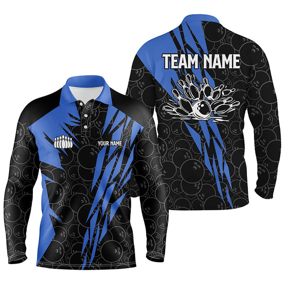 Custom Bowling Polo Shirts, Black Bowling Camo Mens Polo Bowling Shirt Custom Bowling Strike Team League Jerseys Blue