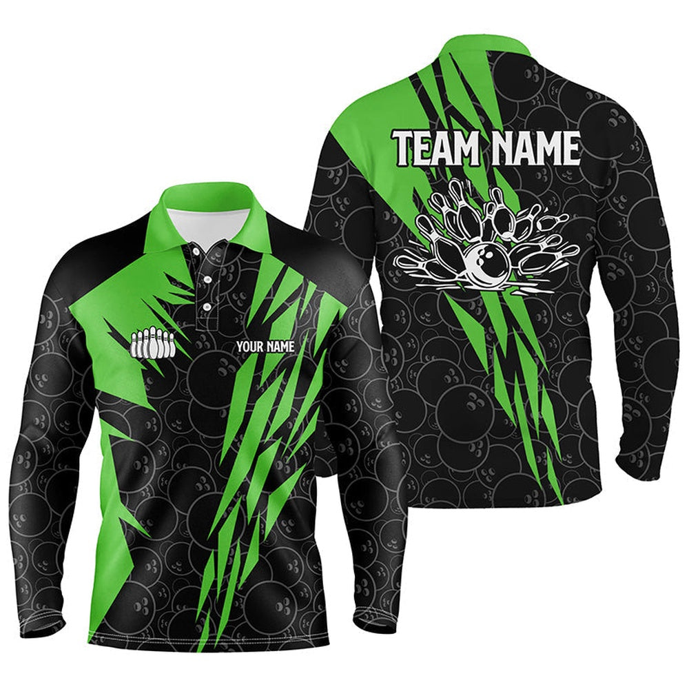 Custom Bowling Polo Shirts, Black Bowling Camo Mens Polo Bowling Shirt Custom Bowling Strike Team League Jerseys Green