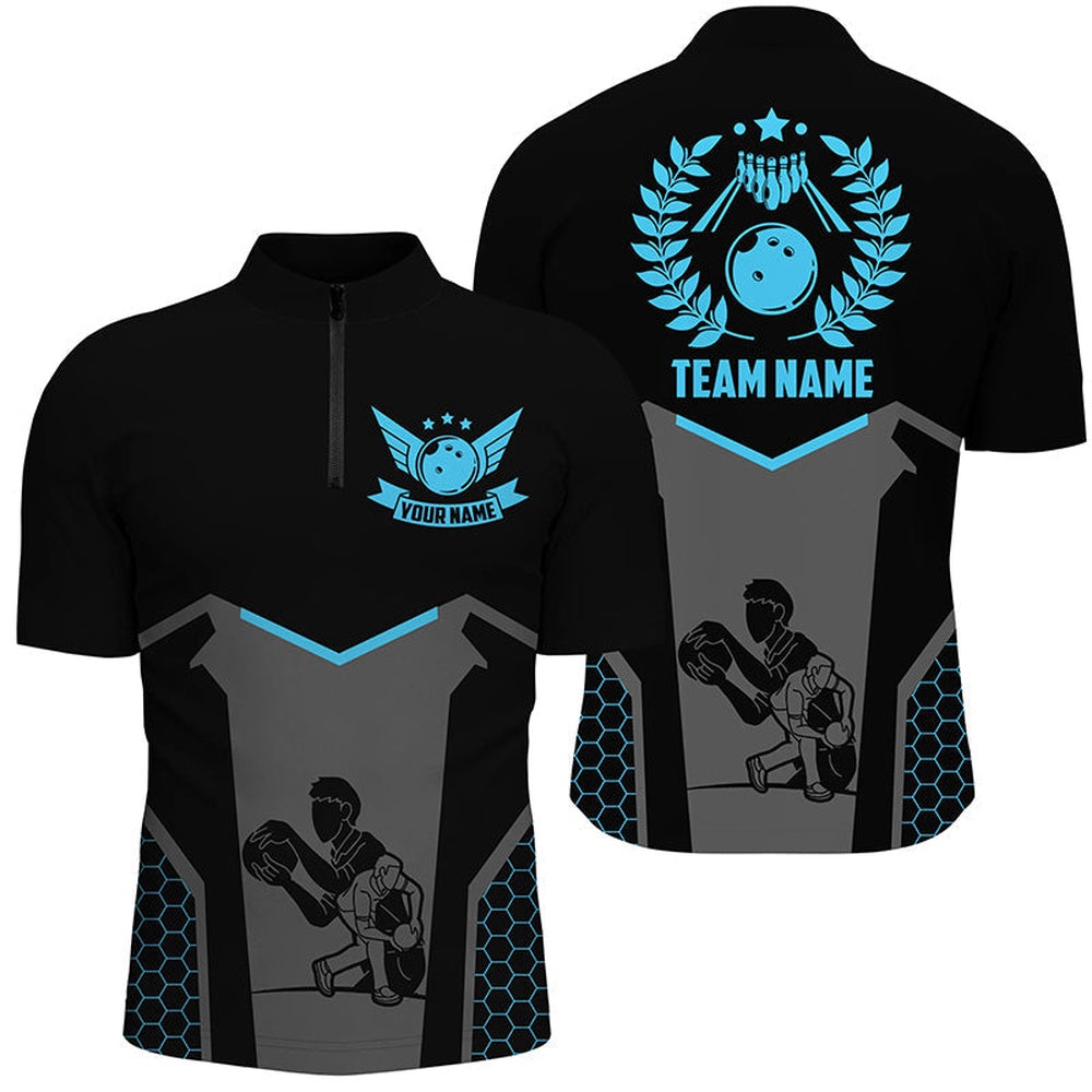 Custom Bowling Polo Shirts, Black Bowling Jersey For Men Custom Retro Bowling Shirts For Team Bowlers Blue