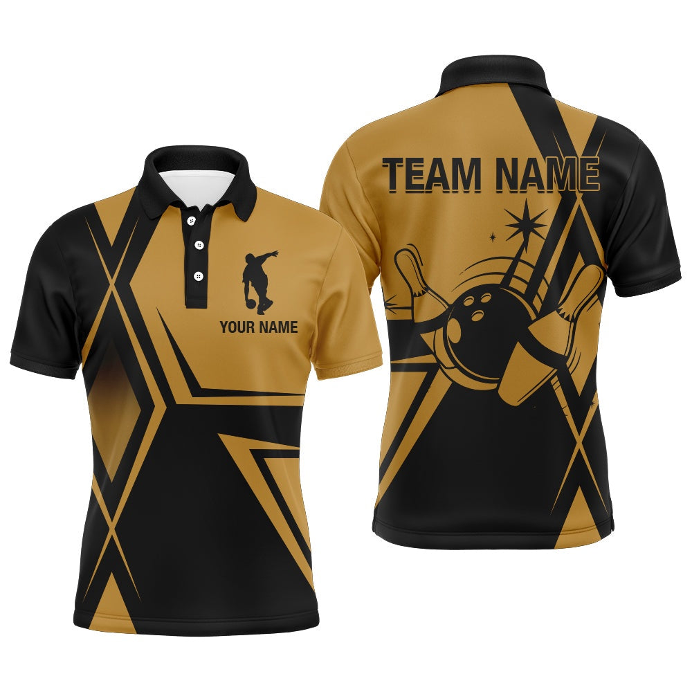 Custom Bowling Polo Shirts, Black&Gold Bowling Jersey For Men Custom Bowling Polo Shirt Vintage Bowling Team League Shirt