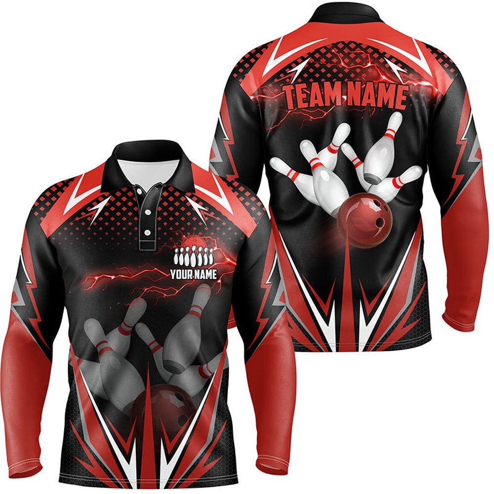 Custom Bowling Polo Shirts, Black Men Bowling Polo Shirt Custom Red Lightning Team Mens Bowlers Jerseys Bowling Outfits