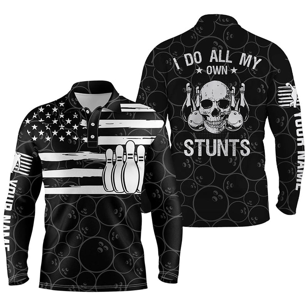 Custom Bowling Polo Shirts, Black Mens Polo Bowling Shirts Custom American Flag Patriotic I Do All My Own Stunts Skull Jerseys