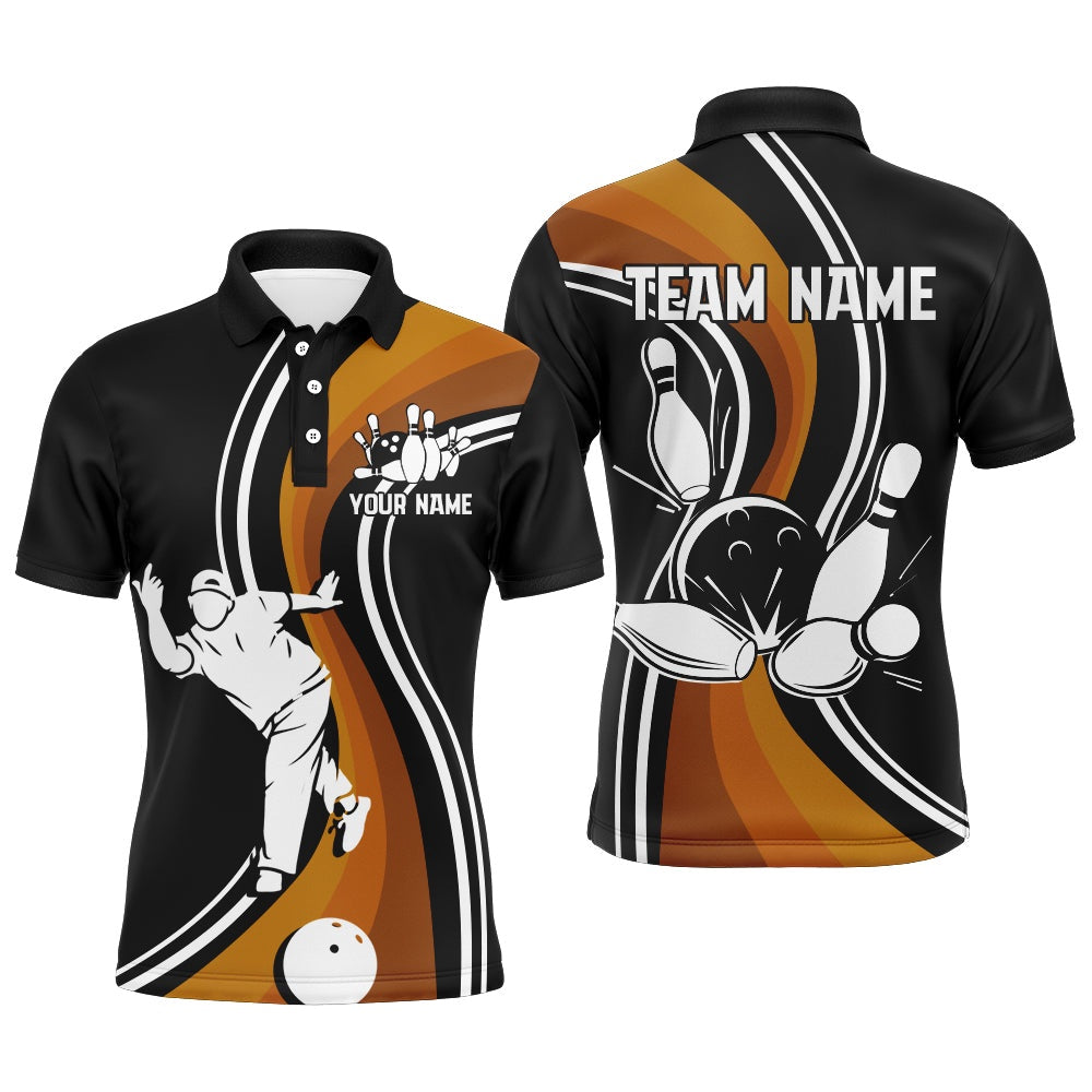 Custom Bowling Polo Shirts, Black&Orange Bowling Jersey For Men Personalized Bowling Polo Shirt Bowling Team League Shirt