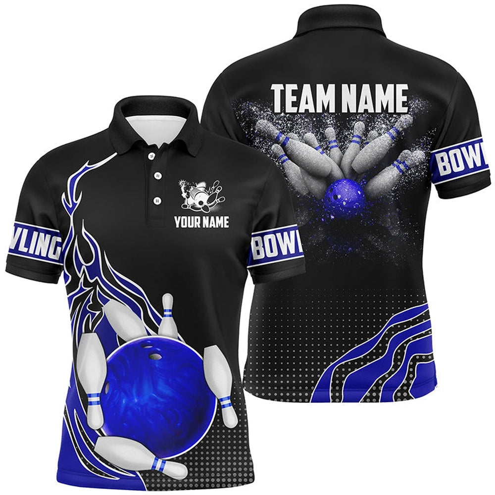 Custom Bowling Polo Shirts, Blue And Black Bowling Polo Shirts For Men Custom Bowling Ball Pins Team League Jerseys Bowl Gifts