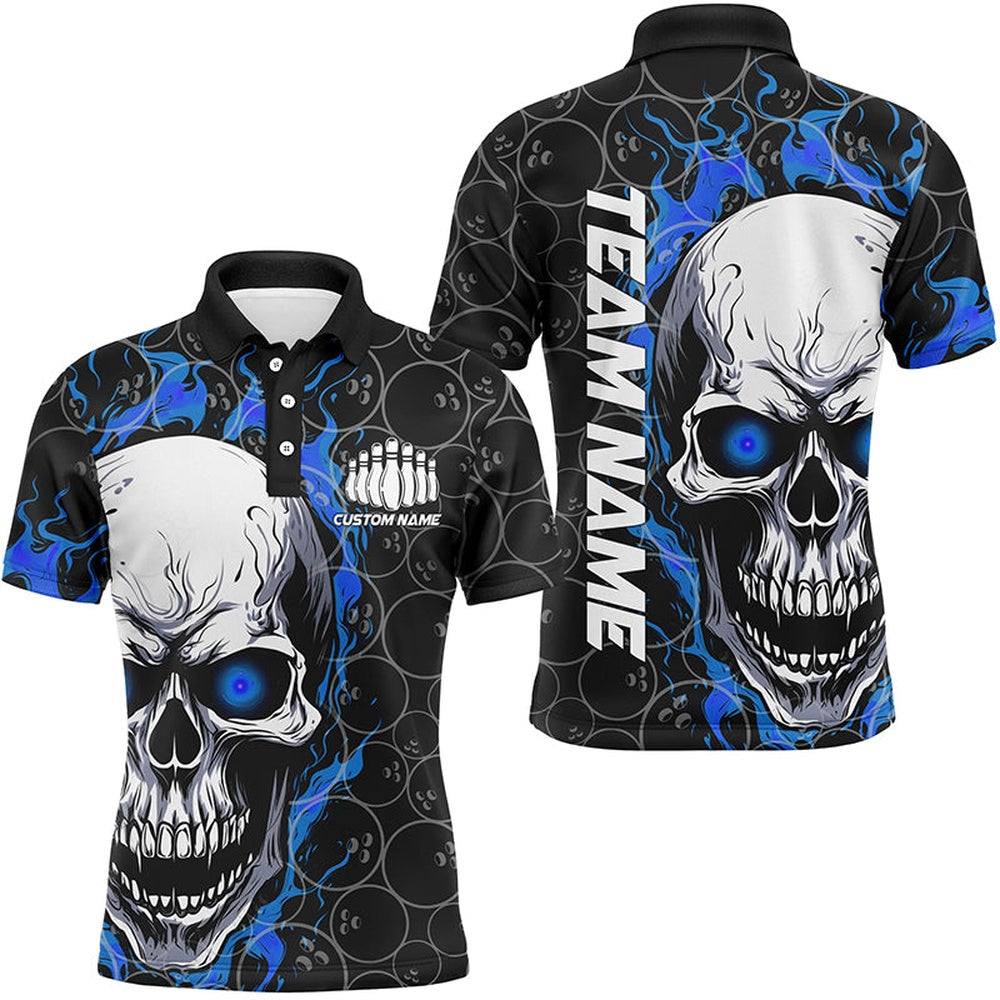 Custom Bowling Polo Shirts, Blue And Black Custom Skull Flame Bowling Shirts For Men, Custom Bowling Team Uniform For Bowlers