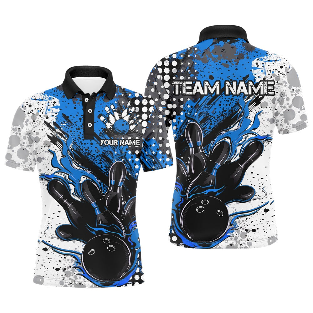 Custom Bowling Polo Shirts, Blue And Black Flame Bowling Team Shirts, Strike Bowling Short Sleeve Polo Shirts For Men