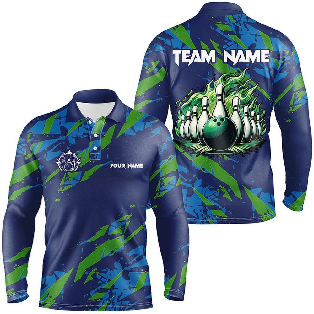 Custom Bowling Polo Shirts, Blue And Green Camo Bowling Polo Shirt For Men Custom Flame Bowling Ball Pins Team Bowler Jerseys