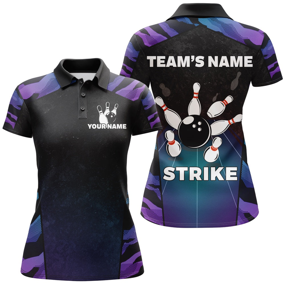 Custom Bowling Polo Shirts, Blue And Purple Bowling Shirt Men Women Personalized Bowling Jersey Team Bowling Polo Shirts