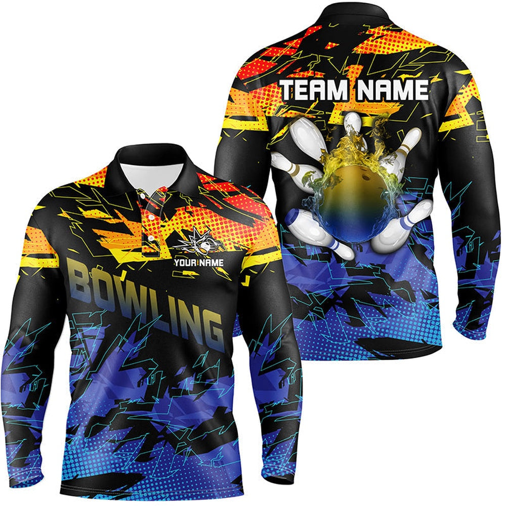 Custom Bowling Polo Shirts, Blue And Yellow Camo Bowling Polo Shirts For Men Custom Team Bowling Jerseys For Men, Gift For Bowlers