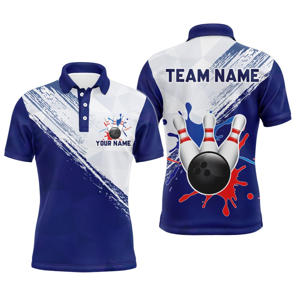 Custom Bowling Polo Shirts, Blue Bowling Polo Shirt For Men Retro Bowling Jersey Custom Bowling Team League Shirts