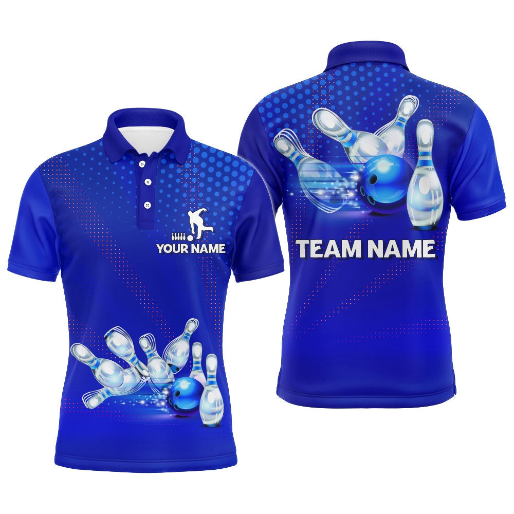 Custom Bowling Polo Shirts, Blue Bowling Polo Shirts For Men Bowling Team League Jersey Custom Bowling Shirts