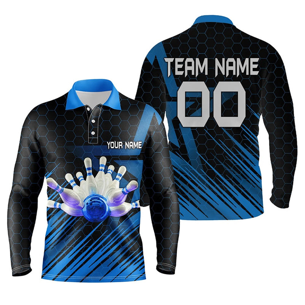 Custom Bowling Polo Shirts, Blue Bowling Shirt For Men Custom Polo Bowling Jersey Bowling Team Shirt For Men