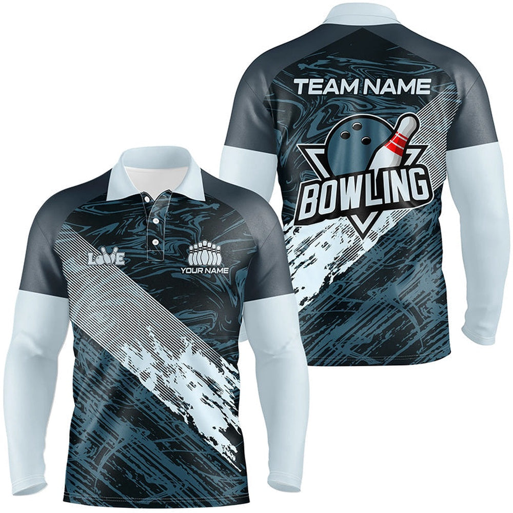 Custom Bowling Polo Shirts, Blue Camo Bowling Ball And Pins Custom Men Bowling Polo Shirts, Gift For Team Bowlers
