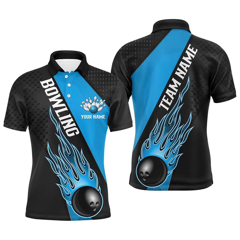 Custom Bowling Polo Shirts, Blue Flame Bowling Ball Custom Bowling Shirts For Men And Women, Bowling Team Jerseys