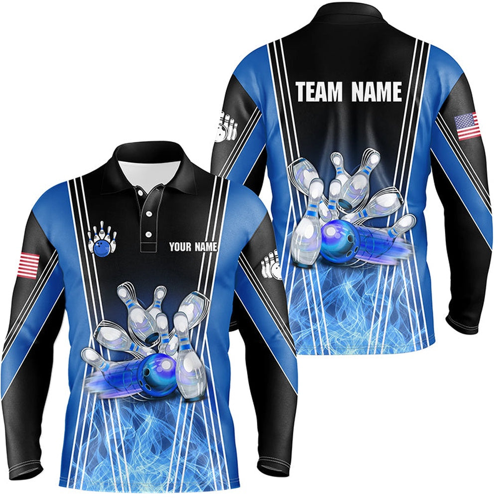 Custom Bowling Polo Shirts, Blue Flame Bowling Polo Shirts For Men Custom Team Bowling Jerseys For Men, Gift For Bowlers