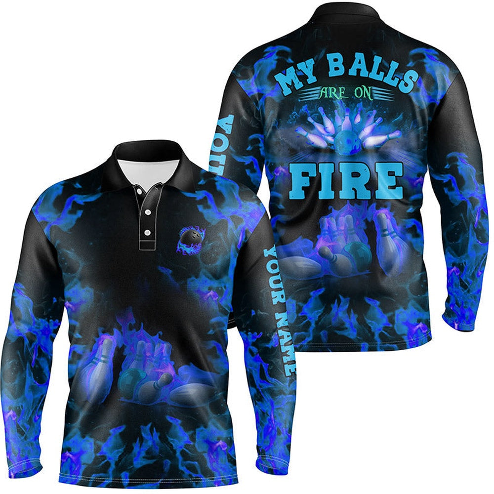 Custom Bowling Polo Shirts, Blue Flame Bowling Shirt Custom Name My Balls Are On Fire Bowling Polo Shirts For Men, Bowling Jerseys
