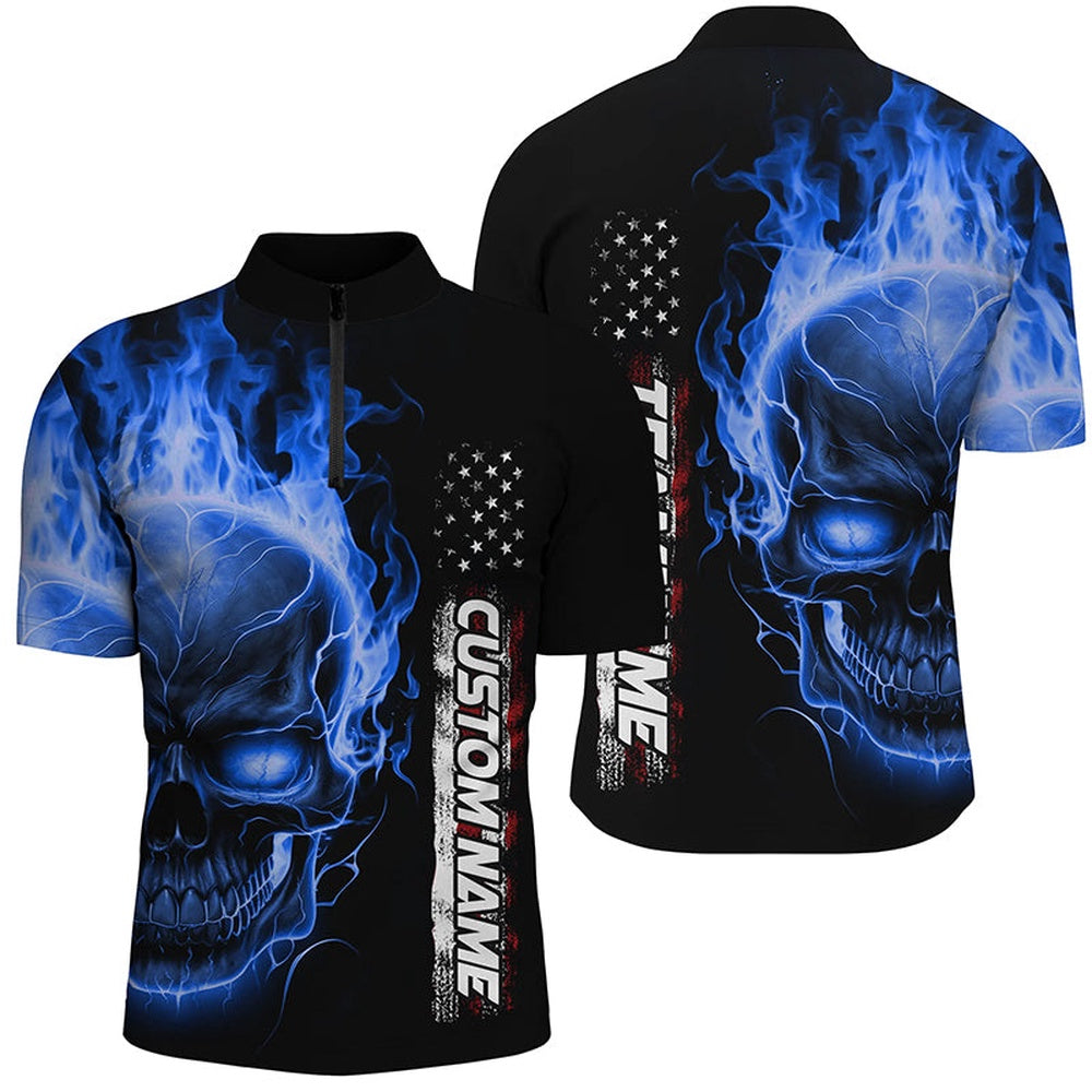 Custom Bowling Polo Shirts, Blue Flame Skull Custom Bowling Zip Shirts For Men And Women, American Bowling Team Jerseys