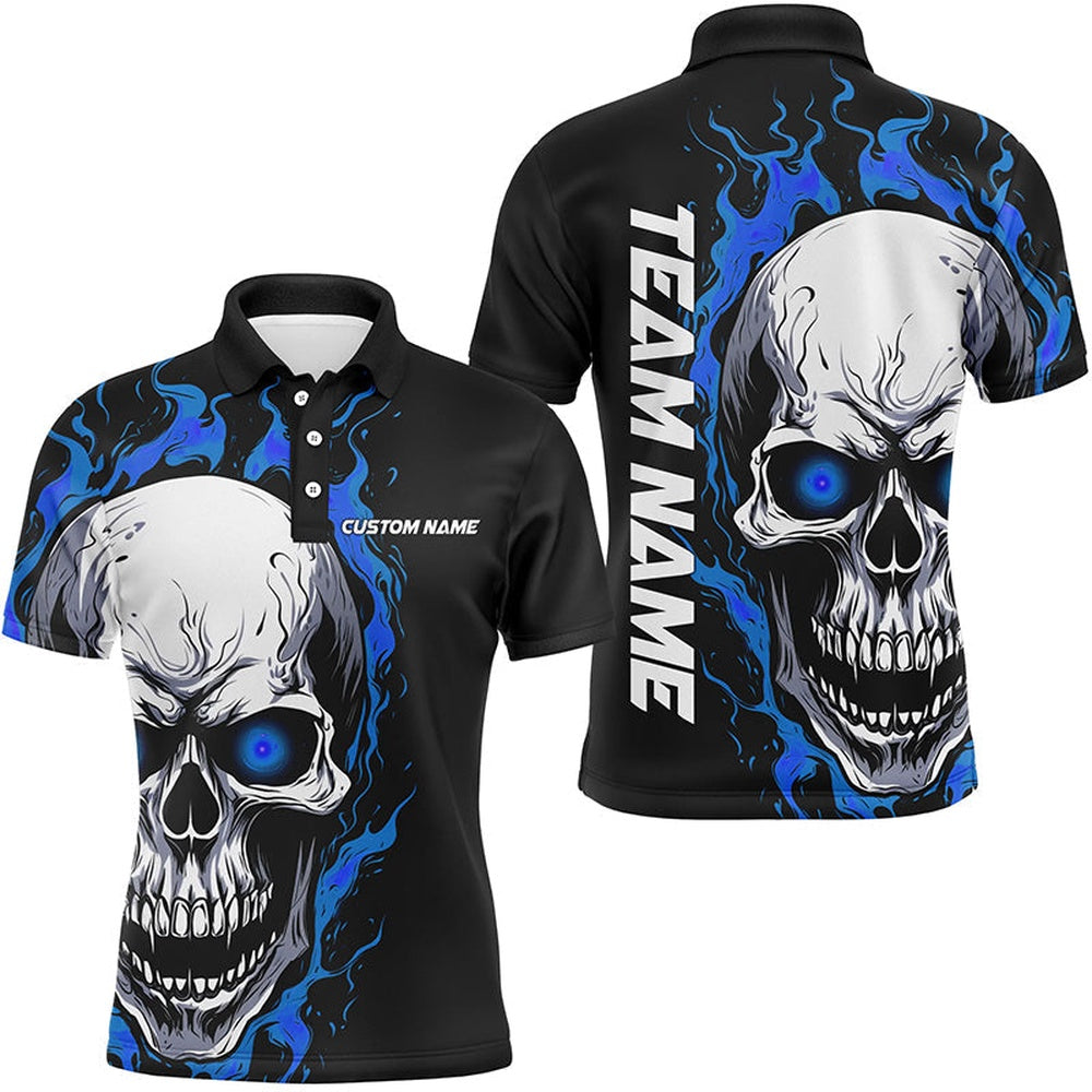 Custom Bowling Polo Shirts, Blue Flame Skull Sport Jerseys, Custom Team Bowling Polo Shirts For Men, Bowler Outfits