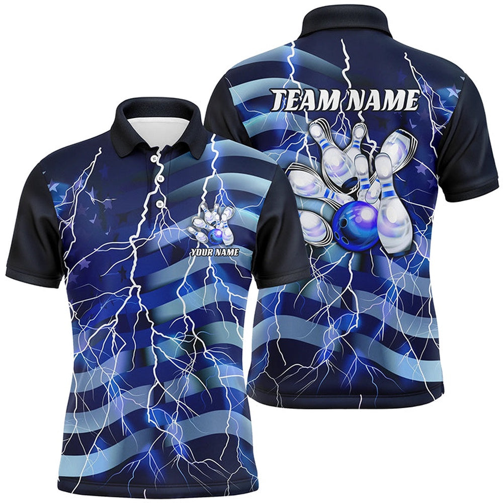 Custom Bowling Polo Shirts, Blue Lightning American Flag Custom Men And Women Bowling Team Shirts Patriotic Bowling Jerseys
