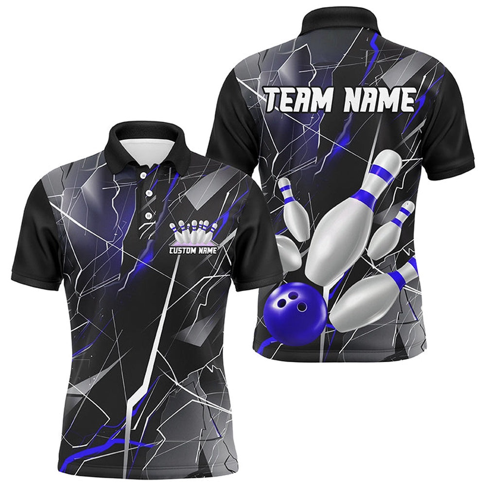 Custom Bowling Polo Shirts, Blue Thunder Lightning Custom Bowling Team Shirts For Men And Women, Strike Bowling Jerseys