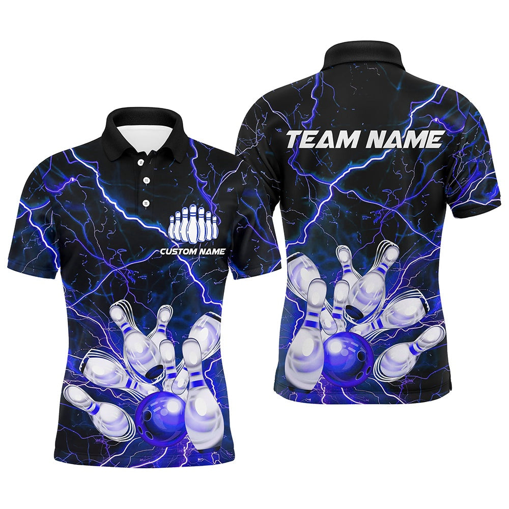 Custom Bowling Polo Shirts, Blue Thunder Lightning Custom Strike Unisex Bowling Team Shirts, Unisex Bowling Jerseys
