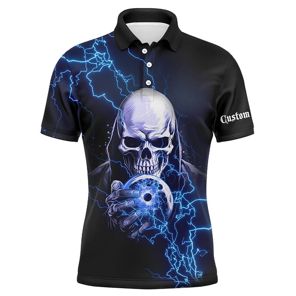Custom Bowling Polo Shirts, Blue Thunder Skull Custom Bowling Team Shirts For Men And Women Team Bowling Jerseys Bowlers