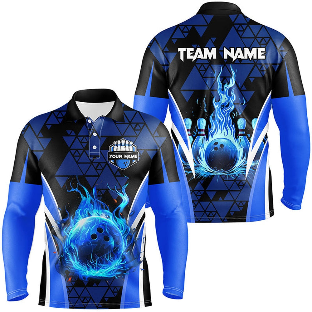 Custom Bowling Polo Shirts, Blue Triangle Pattern Flame Bowling Ball Pins Custom Men Bowling Polo Shirts, Team Bowling Jerseys