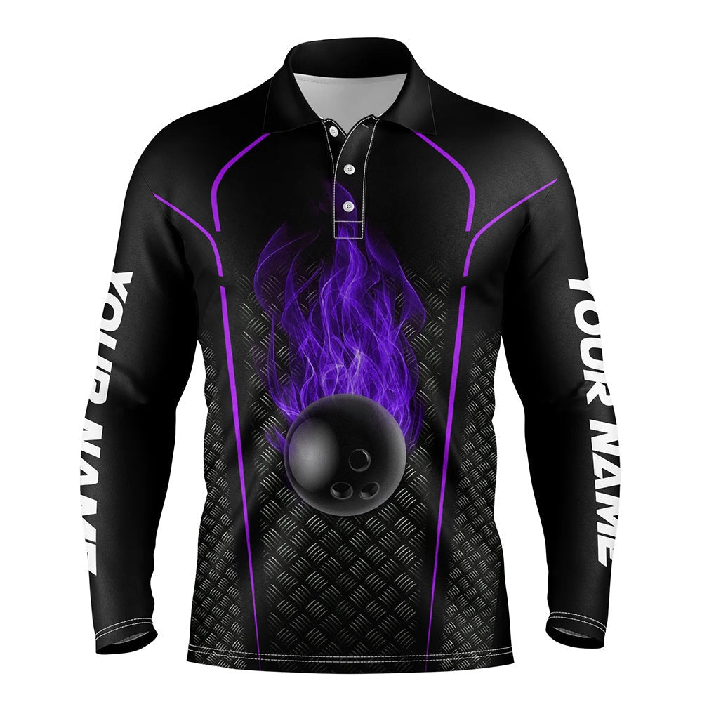 Custom Bowling Polo Shirts, Bowling Ball Fire Black Custom Polo Bowling Jersey Bowling Team Shirt For Men Purple