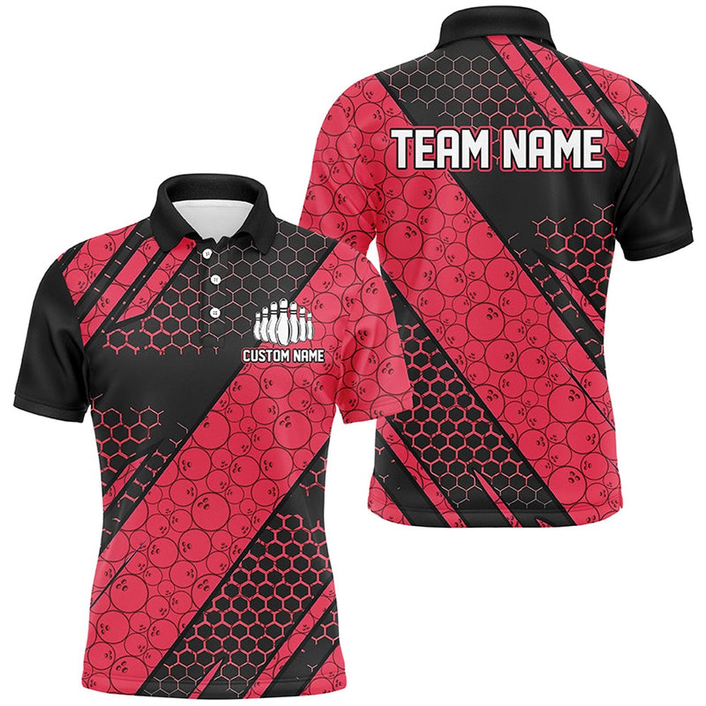 Custom Bowling Polo Shirts, Bowling Ball Pattern Custom Bowling Team Jerseys, Bowlers Shirts For Men And Women Red