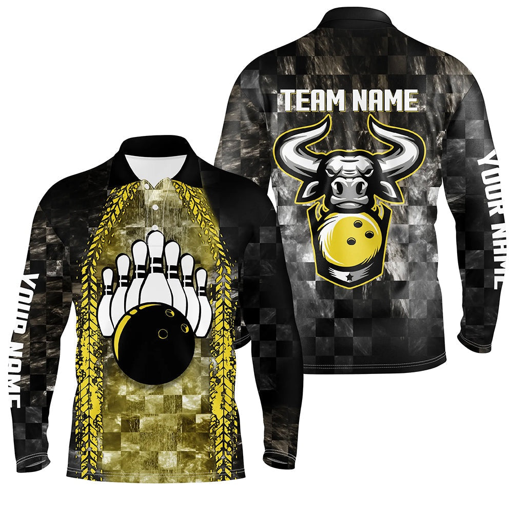 Custom Bowling Polo Shirts, Bowling Bull Black And Yellow Mens Bowling Polo Shirts Custom Bowling Ball Pins Team League Jersey
