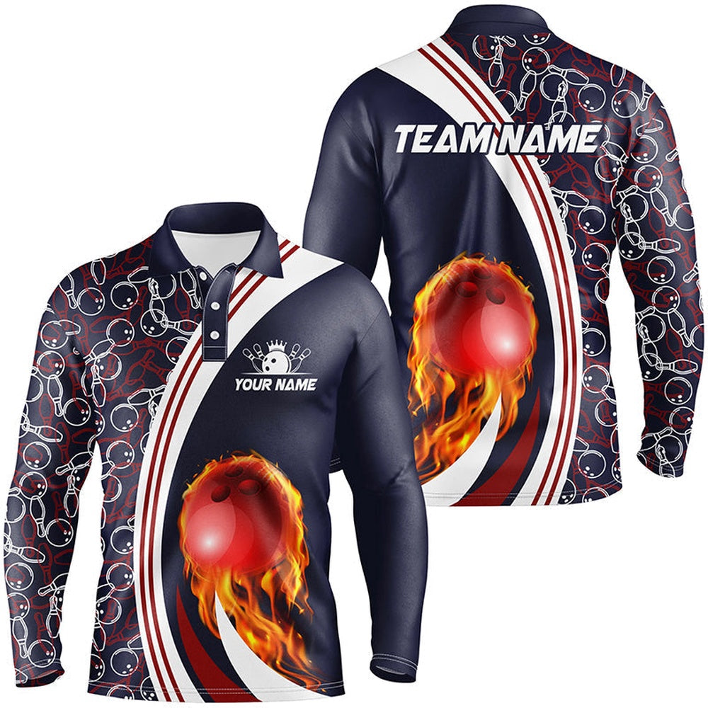 Custom Bowling Polo Shirts, Bowling Polo Shirts For Men Custom Camo Flame Bowling Ball Fire Bowling Team League Jerseys Navy